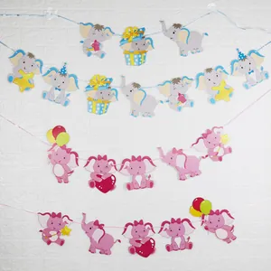 Cartoon Elephant Theme Birthday Party Banner Baby Shower Decoration Cardboard Animal Pull Flag Pink Blue Party Supplies