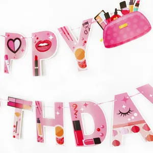 Banderole Joyeux Anniversaire thème cosmétiques roses pour décoration de fête spa