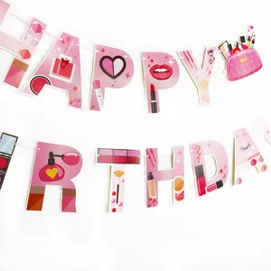 Détail de la bannière Happy Birthday rose thème maquillage avec motifs parfum et rouge à lèvres