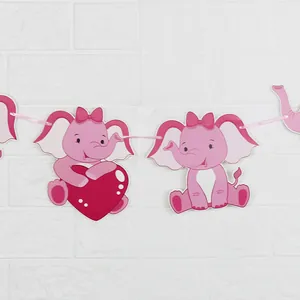 Pink elephant themed party banner with cute cartoon cutouts and heart details for girls