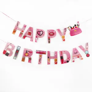 Vue détaillée de la bannière d'anniversaire maquillage rose avec motifs rouge à lèvres