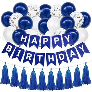 Royal Blue Birthday Decorations Paper Banner Latex Balloons Silver Sequins Tassels For Baby Shower Celebration Decor