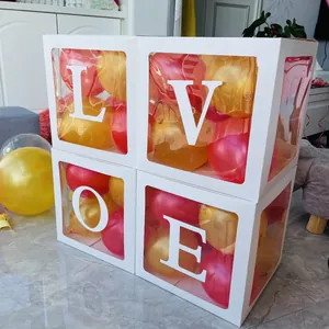 Σετ 4 διαφανή κουτιά μπαλονιών LOVE με κόκκινα και χρυσά μπαλόνια για διακόσμηση πάρτι