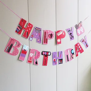 Make-up Thema Happy Birthday Banner mit Lippenstift und Lidschatten Illustrationen