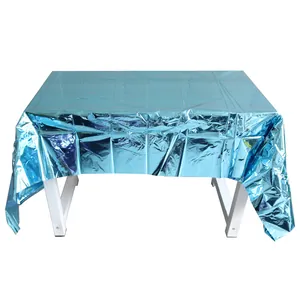 Glanzend blauw metallic folie wegwerptafelkleed voor feest- en verjaardagstafeldecoraties