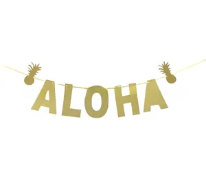 Golden glitter ALOHA banner with pineapples for Hawaiian party and festive decor