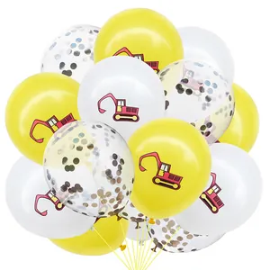 Construction party balloon set with yellow and white excavator prints and gold sequins
