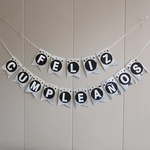 Silver mirror Feliz Cumpleaños banner with swallowtail flags for birthday party decoration