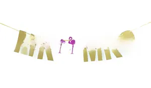 Detail of glittery Mr & Mrs banner with pink flamingos for wedding party decor