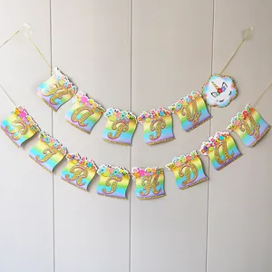 Rainbow Unicorn Floral Happy Birthday Banner Gradient Bunting Garland For Girls Birthday Party Celebration Room Decor