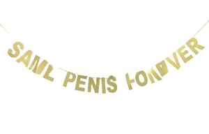 Close-up of Same Penis Forever glitter gold banner for hen party decorations