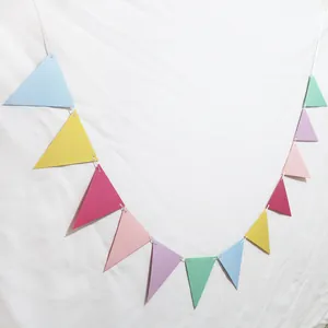 Colorful triangular bunting banner with light blue yellow pink flags for party decoration