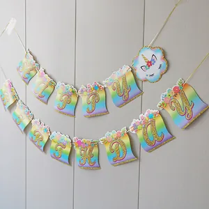 Unicorn rainbow Happy Birthday bunting banner for baby girl princess party decor