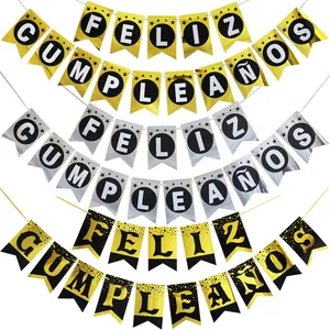 Spanish Feliz Cumpleaños Birthday Banner Metallic Mirror Glitter Cardboard Swallowtail Bunting For Party Decoration