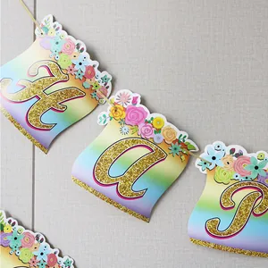 Nordic princess castle garland with gold glitter letters and floral rainbow banner