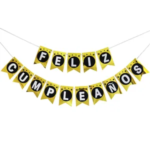 Spanish Feliz Cumpleaños gold party banner with fishtail flags and hanging stars