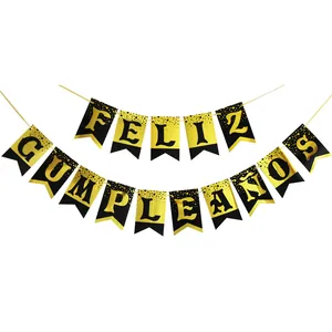 Spanish Feliz Cumpleaños birthday banner with gold foil letters and black cardstock