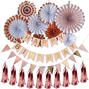 Set decorazioni compleanno oro rosa e bianco con ventagli di carta e festoni