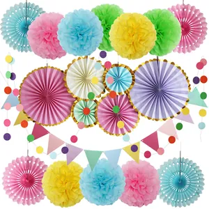 Macaron Regenboog Feest Decoratie Set Papieren Waaiers Bloemballen Pom Poms Driehoek Banner Cirkel Slinger Hangende Ornamenten Voor Verjaardag Bruiloft