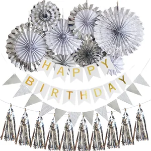 Set decorazioni compleanno argento e bianco con ventagli di carta, banner e nappe