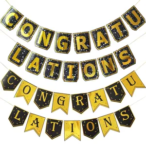 Detail of Congratulations banner sets in black and gold for 2025 graduation party decor