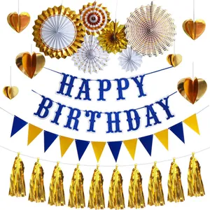 Navy blue and gold Happy Birthday party set with banners, paper fans and foil tassels