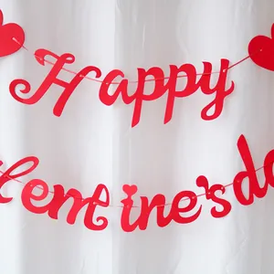 Glittery red Happy Valentine's Day banner with heart accents on white background
