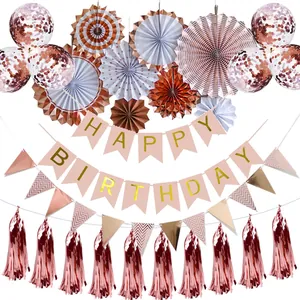 Set decorativo compleanno oro rosa con ventagli di carta, palloncini e striscione di auguri