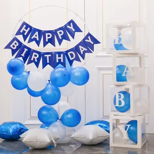 Navy blue Happy Birthday banner set with star balloons and BABY decoration boxes