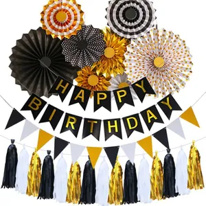 Set Decorazione Festa Buon Compleanno Ventagli di Carta Banner Bandierine Triangolari Nappe in Foil per Decorazione Sfondo Parete