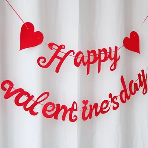 Red glittery Happy Valentine's Day banner with hearts on white cloth background