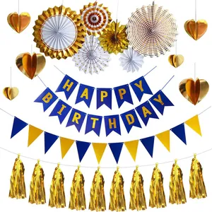Navy Blue Gold Birthday Party Decoration Happy Birthday Banner Latex Foil Balloons Paper Fans Tassel Tinsel Garland Kit