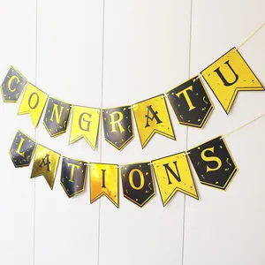 Black and gold Congratulations banner with 15 metallic card pennants for 2025 graduation party