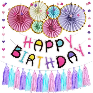 Pink birthday party decor set with Happy Birthday banner and colorful paper fans