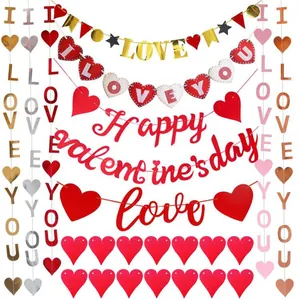 Glittery Happy Valentine's Day banner set with red and pink hearts for party decor