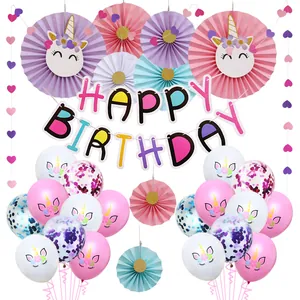 Happy Birthday Party Decoration Kit Unicorn Paper Fans Banner Balloons Tassels Heart Garland For Girls Celebration Birthday Supplies