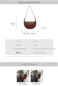 Detailed size chart for retro leopard print suede crescent bag with dimensions and weight