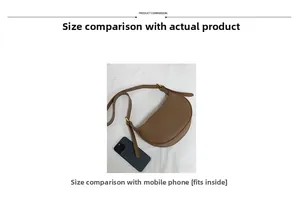 Size comparison of brown leather crossbody bag with a smartphone for scale