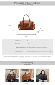 Detailed size chart for the PU leather boston handbag showing dimensions and fabric specs