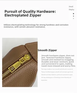 Detail of high-quality golden zipper on brown litchi pattern leather crossbody bag