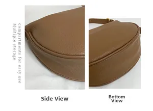 Detailed side and bottom view of brown litchi leather dumpling shoulder bag showing stitching
