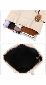 Dettaglio della borsa tote in velluto beige con ciondolo a orsetto e tasca interna zip