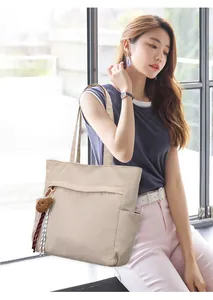Dettaglio della borsa tote in velluto a coste beige con trama a costine e ciondolo a orsetto