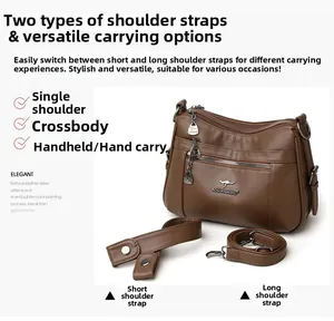 Brown litchi grain leather bag detail with layered zippers and kangaroo metal logo