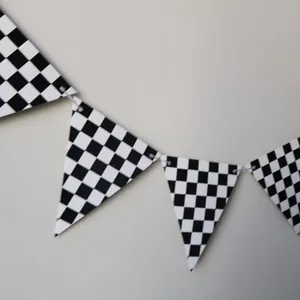 Racing checkered pennant banner with black and white flags for motor party decoration