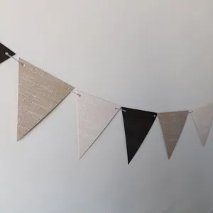 Hanging gradient linen pennant banner with 12 triangle flags for rustic wedding party decor