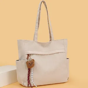 Borsa Tote Donna Grande Capacità Velluto a Coste Casual Borsa a Spalla Con Pendaglio Orsetto per Scuola Pendolarismo Moda