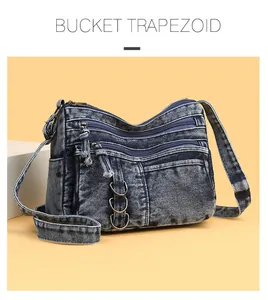 Detail of blue denim shoulder bag showing multiple zipper compartments and metal D-rings
