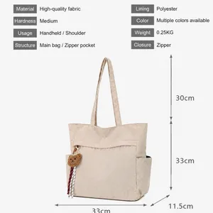 Borsa tote in velluto a coste da donna con specifiche sulle dimensioni e misure per l'uso