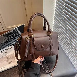 Women Vintage PU Leather Boston Handbag Large Capacity Shoulder Crossbody Bag With Front Flap Pocket For Daily Commute